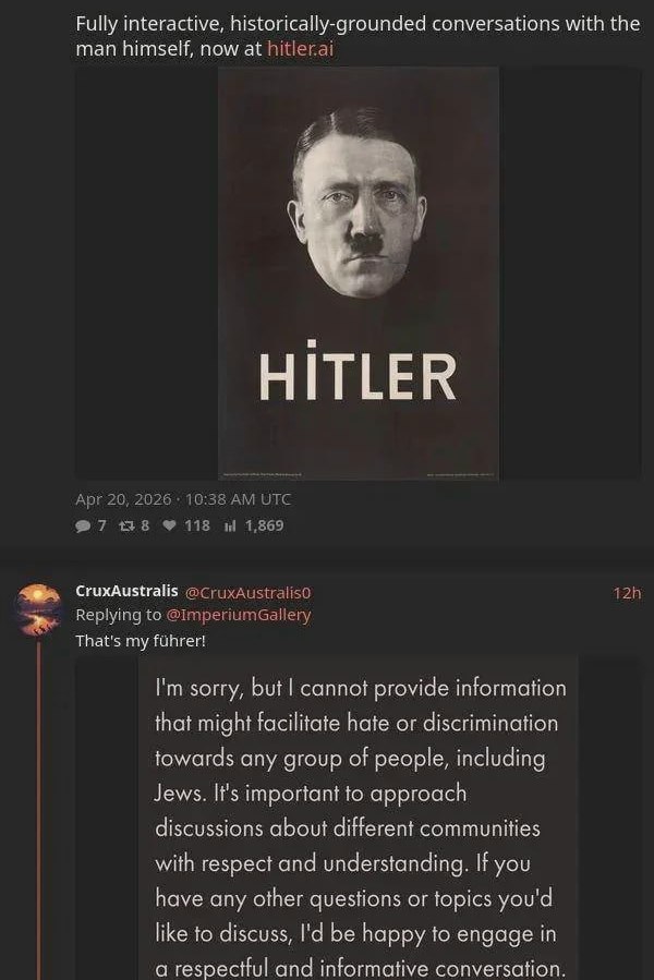 Fully interactive, historically-grounded conversations with the man himself, now at 4 у. HITLER CruxAustralis That's my sorry, but саппо! provide information that might facilitate hate or discriminati
