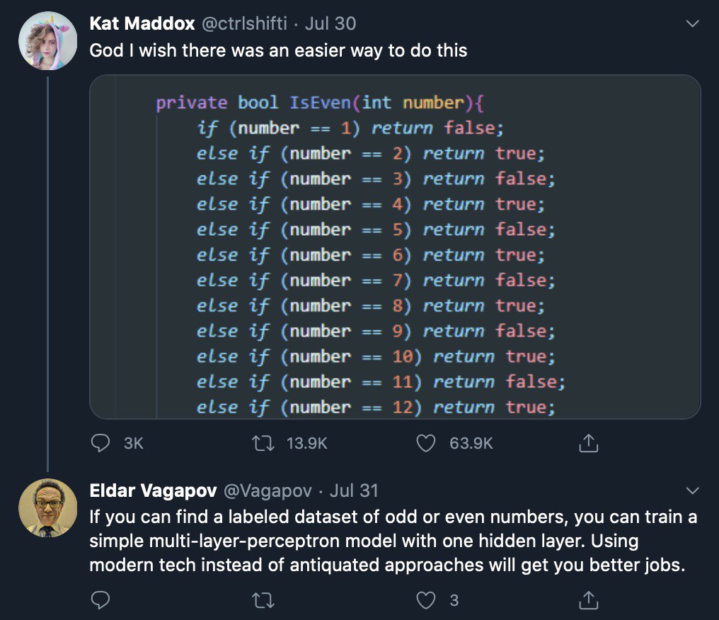 Kat Maddox Jul 30 God wish there was an easier way to this private bool IsEven(int number){ if (number 1) return false; else if (number 2) return true; else if (number 3) return false; else if (number