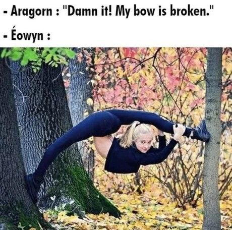 Aragorn "Damn it! My bow is broken." Eowyn <4 if 4 4