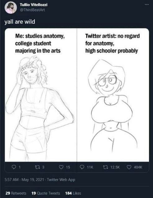 Tullio yall are wild Me: studies anatomy, Twitter artist: no regard college student for anatomy, majoring in the arts high schooler probably 29 Retwee 19 Quote 184 Like