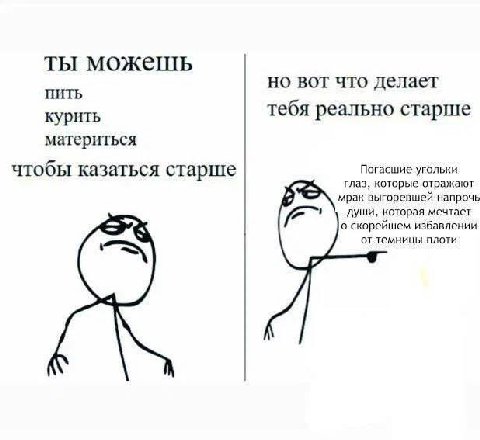 ты можешь но вот что делает ПИТЬ курить тебя реально старше материться чтобы казаться старше Погасшие угольки глаз, которые отражают мрак выгоревшей напрочь души, которая мечтает о скорейшем избавлени