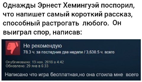 Однажды Эрнест Хемингуэй поспорил, что напишет самый короткий рассказ, способный растрогать любого. Он выиграл спор, написав: Не рекомендую 78.3 4. за последние две недели 3,630.5 всего Опубликов 15 в