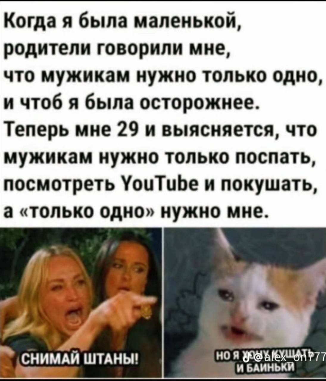 Когда я была маленькой, родители говорили мне, что мужикам нужно только одно, и чтоб я была осторожнее. Теперь мне 29 и выясняется, что мужикам нужно только поспать, посмотреть YouTube и покушать, а «