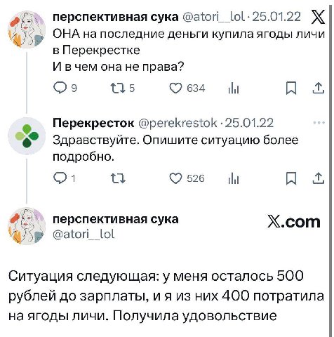 перспективная сука @аюй ОНА на последние деньги купила ягоды личи в Перекрестке И вчем она не права? 634 Перекресток @perekrestok 25.01.22 Здравствуйте. Опишите ситуацию более подробно. 01 526 перспек