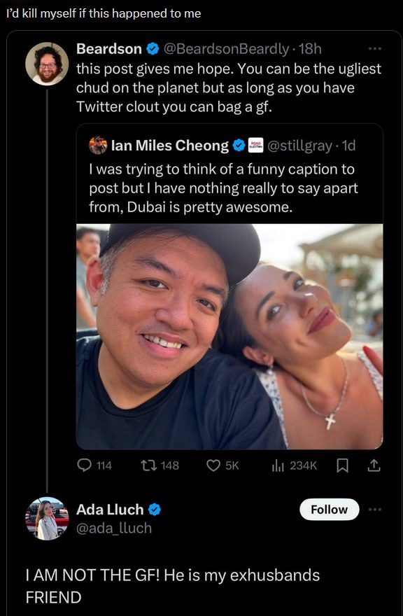 kill myseli if this happened to Beardson this post gives me поре. You can be the ugliest С chud on the planet but as long as you nave Twitter clout you can bag a trying to think of a funny caption to 