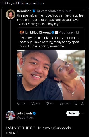 kill myseli if this happened to Beardson this post gives me поре. You can be the ugliest С chud on the planet but as long as you nave Twitter clout you can bag a trying to think of a funny caption to 