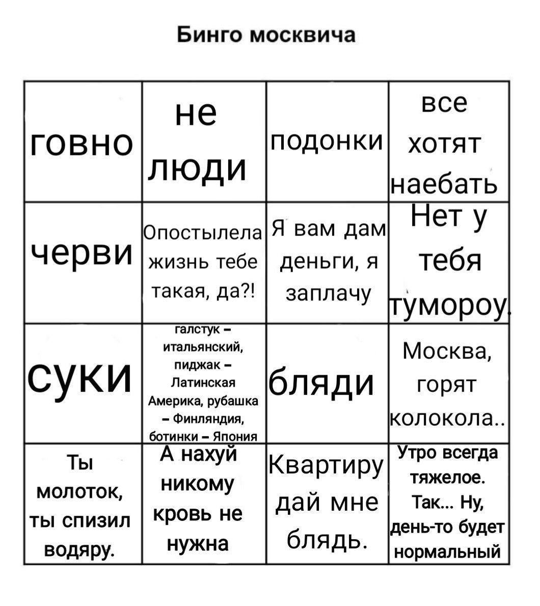 Бинго москвича все хотят наебать ету Опостылела|Я вам дам черви жизнь тебе деньги, я тебя такая, да?! заплачу галс` умороу итальянский, пиджак Москва Латинская суки Америка, рубашка ляди горят Финлянд