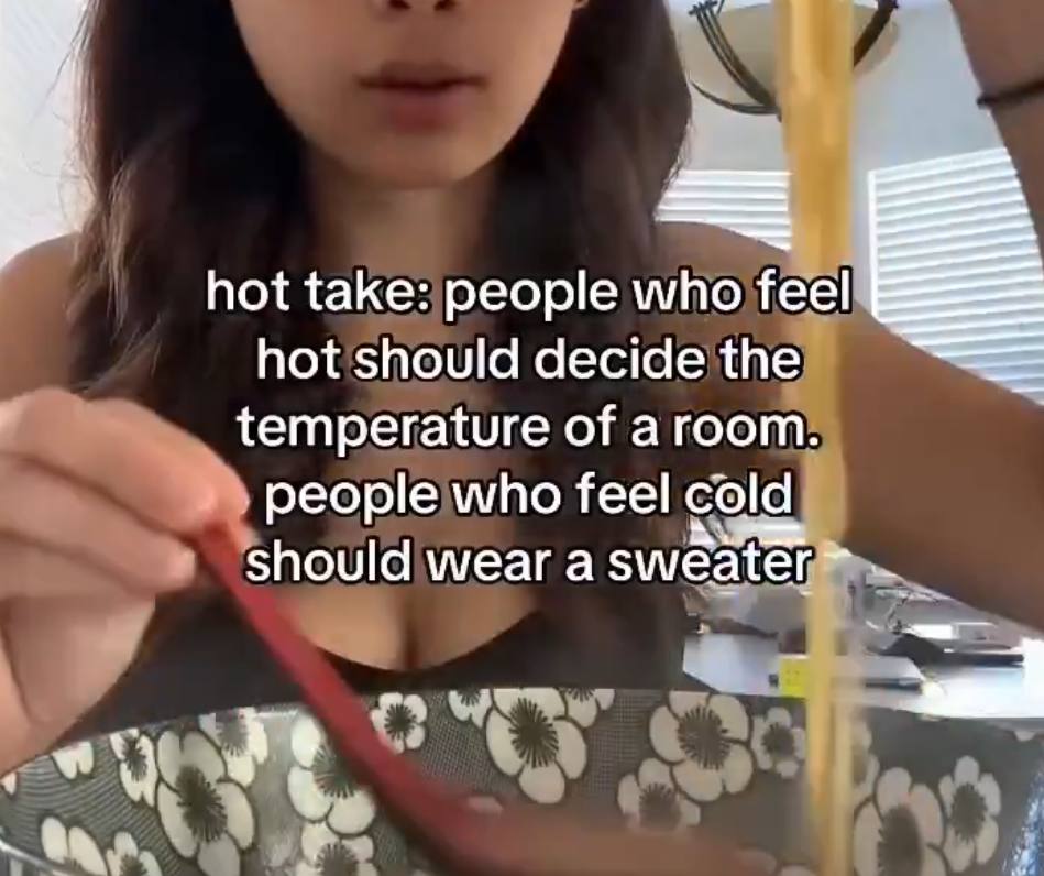 hot take: people who feél hot should decide the temperature of people who feel cold; ‘should wear а змеаег