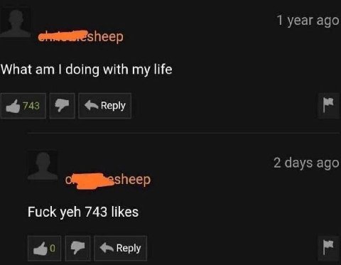 1 year ago sheep What doing with my life 743 2 days ago Fuck yeh 743 likes Reply