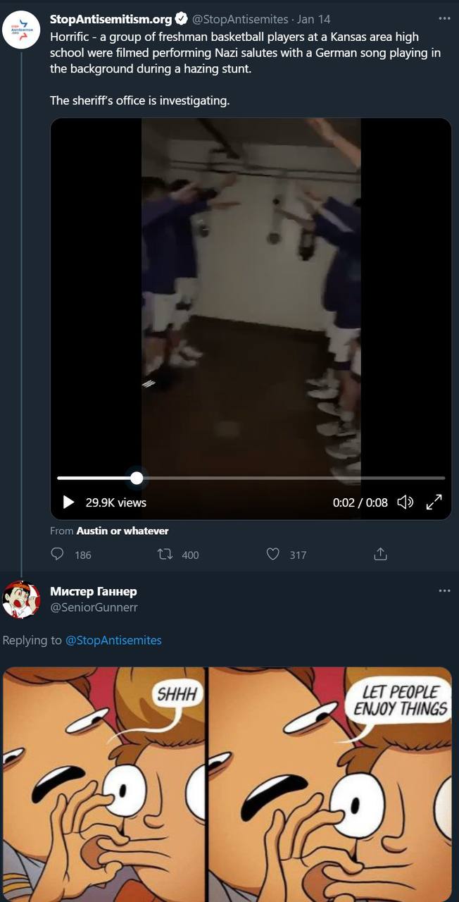 StopAntisemitism.org Horrific a group of freshman basketball players at a Kansas area high school were filmed performing Nazi salutes with a German song playing in the background during a hazing stunt