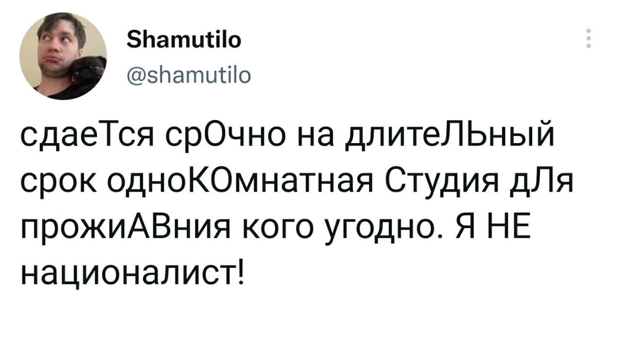 Shamutilo @shamutilo сдаеГся срОчно срок одноКОмнатная Студия ДЛЯ прожиАВния кого угодно. Я НЕ националист!