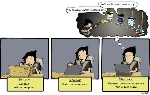 We're not bloatware, have You should at least try for 30 days! a 1 1) 5 a А Step one: Step two: Step three: Carefully Switch on computer. Reinstall windows to remove unbox computer. tons of bloatware.