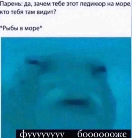 арень: да, зачем тебе этот педикюр на море, то тебя там видит? *Рыбы в море* фуууууууу бооооооже
