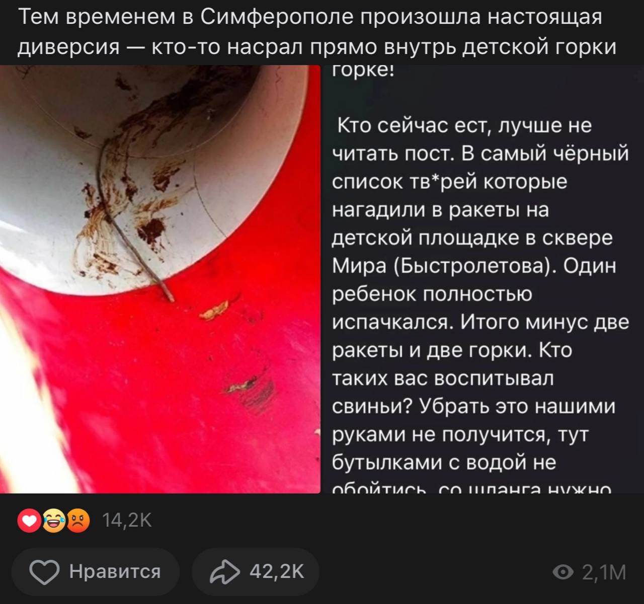 Тем временем в Симферополе произошла настоящая диверсия кто-то насрал прямо внутрь детской горки горке! Кто сейчас ест, лучше не читать пост. В самый чёрный список тв*рей которые нагадили в ракеты на 