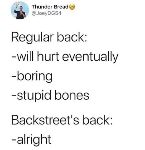 Thunder Bread @JoeyDG54 Regular back: -will hurt eventually -boring -stupid bones Backstreet's back: -alright