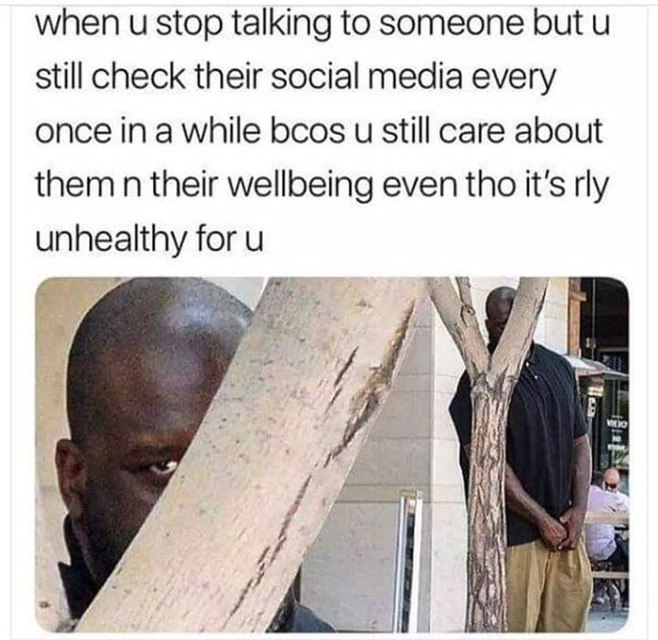 when и stop talking to someone but still check their social media every once in a while bcos и still care about them their wellbeing even tho it’s rly unhealthy for