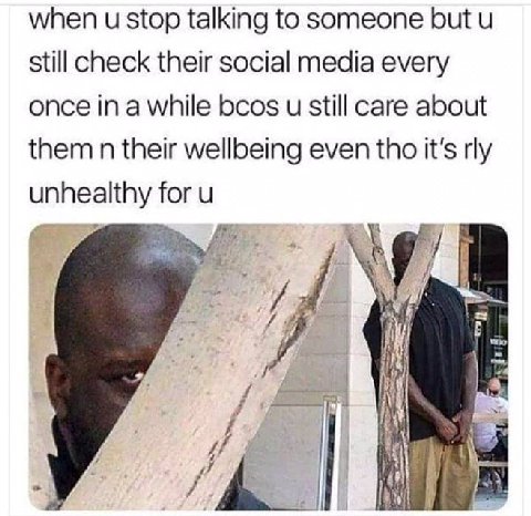 when и stop talking to someone but still check their social media every once in a while bcos и still care about them their wellbeing even tho it’s rly unhealthy for