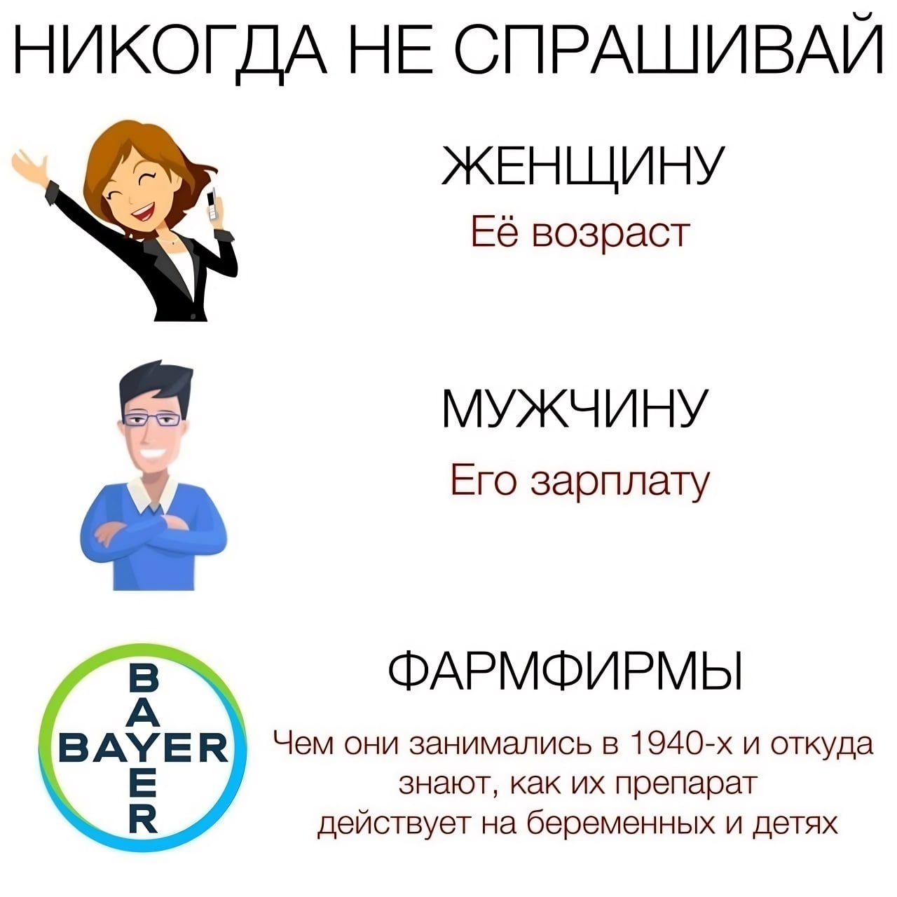 НИКОГДА НЕ СПРАШИВАЙ ЖЕНЩИНУ Её возраст a МУЖЧИНУ Его зарплату ФАРМФИРМЫ AYER) Чем они занимались в и откуда знают, как препарат действует на беременных и детях