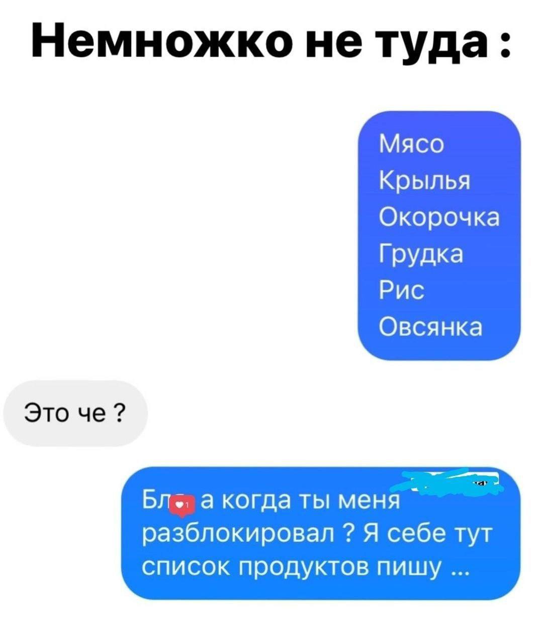 Немножко не туда: Мясо Крылья Окорочка Грудка Рис Овсянка Это че? а когда ты меня разблокировал Я себе тут список продуктов пищу