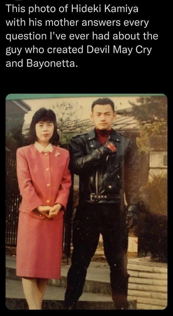 This photo of Hideki Kamiya with his mother answers every question I've ever had about the guy who created Devil May Cry and Bayonetta. Б