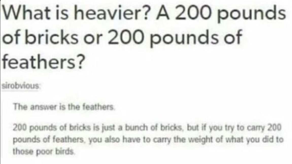 What is heavier? А 200 pounds of bricks or 200 pounds of feathers? sirobvious The answer is the feathers 200 pounds of bricks is just a bunch of bricks, but if you try to carry 200 pounds of feathers.