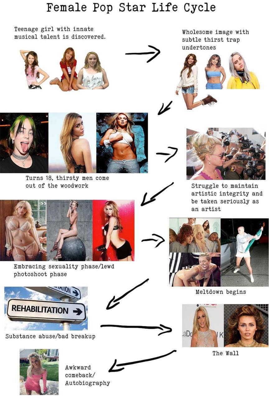 Female Pop Star Life Cycle Teenage girl with innate Wholesome image with musical talent is discovered. subtle thirst trap undertones 7 a И if wes Turns 18, thirsty men come out of the woodwork Struggl