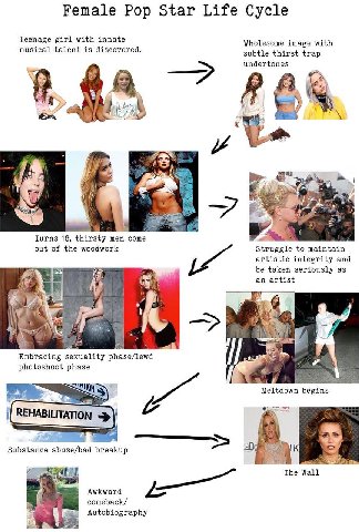 Female Pop Star Life Cycle Teenage girl with innate Wholesome image with musical talent is discovered. subtle thirst trap undertones 7 a И if wes Turns 18, thirsty men come out of the woodwork Struggl