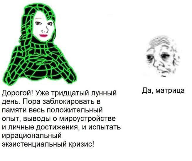 Дорогой! Уже тридцатый лунный Да, матрица день. Пора заблокировать в памяти весь положительный опыт, выводы о мироустройстве и личные достижения, и испытать иррациональный экзистенциальный кризис!