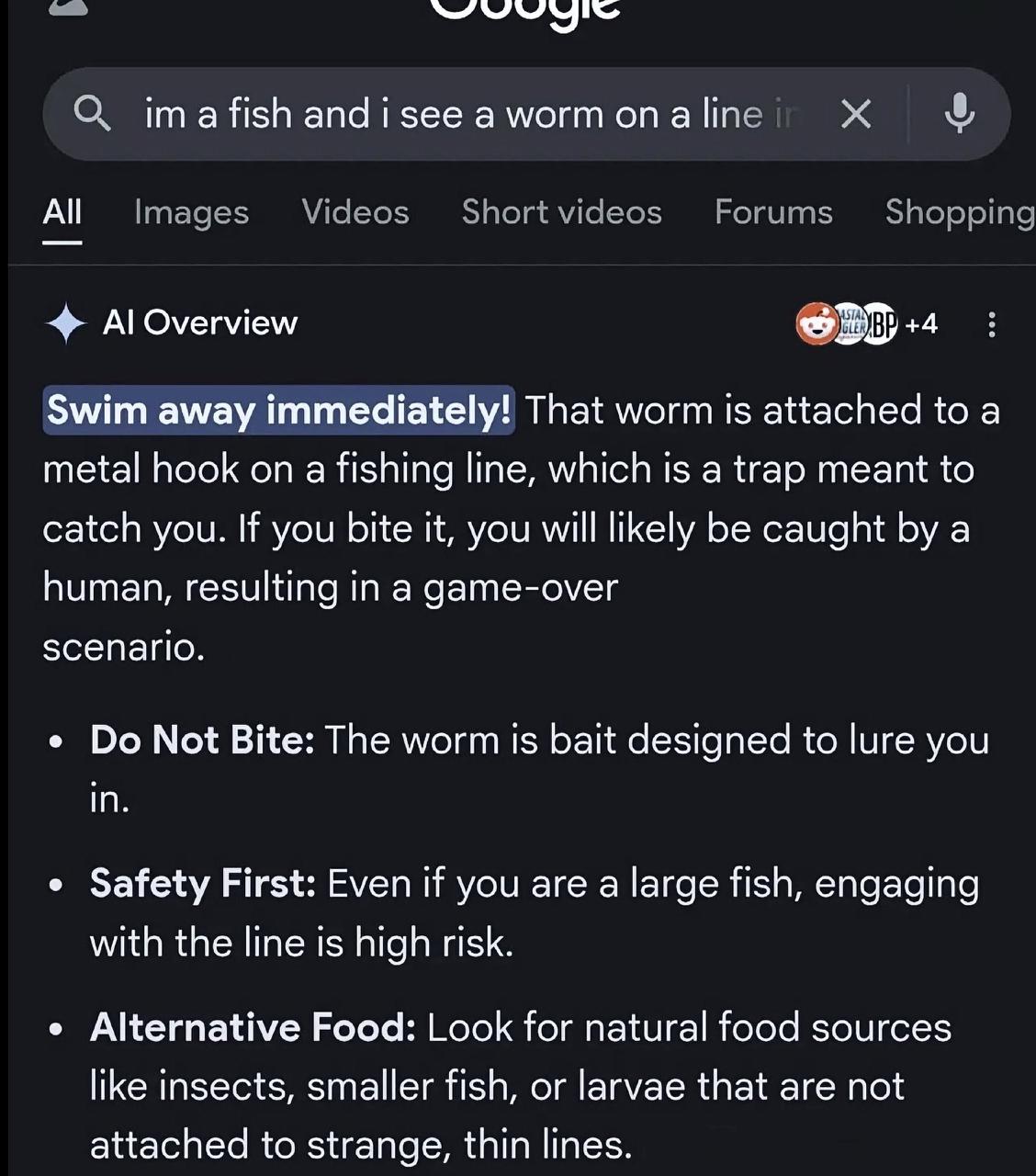 апа зее а могт опа All А! Overview Swim away immediately! That worm is attached {о а metal hook on a fishing line, which is a trap meant to catch you. If you bite it, you will likely be caught a human