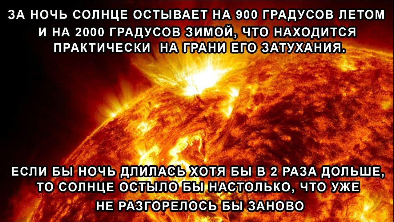 ЗА НОЧЬ СОЛНЦЕ ОСТЫВАЕТ НА 900 ГРАДУСОВ ЛЕТОМ И НА 2000 ГРАДУСОВ ЧТО НАХОДИТСЯ ПРАКТИЧЕСКИ НА ГРАНИ ЕГО ЗАТУХАНИЯ. ЕСЛИ БЫ НОЧЬ ДЛИЛАСЬ хотя БЫ В 2 РАЗА ДОЛЬШЕ, ТО СОЛНЦЕ ЧТО УЖЕ НЕ РАЗГОРЕЛОСЬ` БЫ ЗА