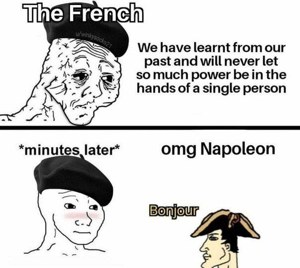We have learnt from our past and will never let so much power be in the hands of a single person *minutes, later* omg Napoleon 2)
