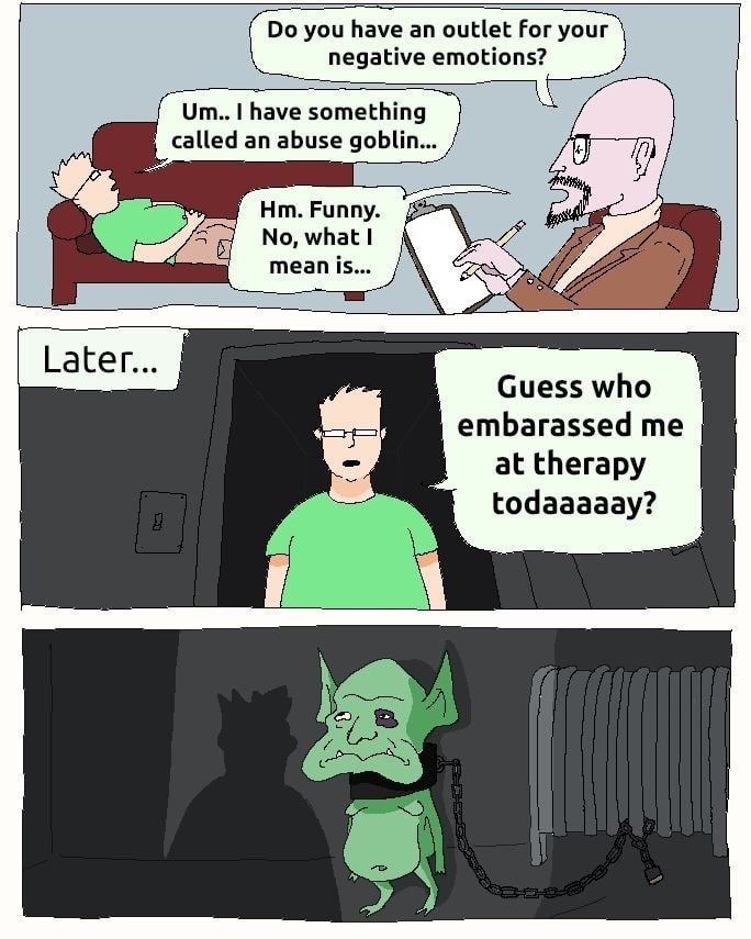 you have outlet Гог your negative emotions? 4 something called an abuse goblin... Funny. 5] No, what пеап 15... Later Guess who embarassed at therapy todaaaaay?
