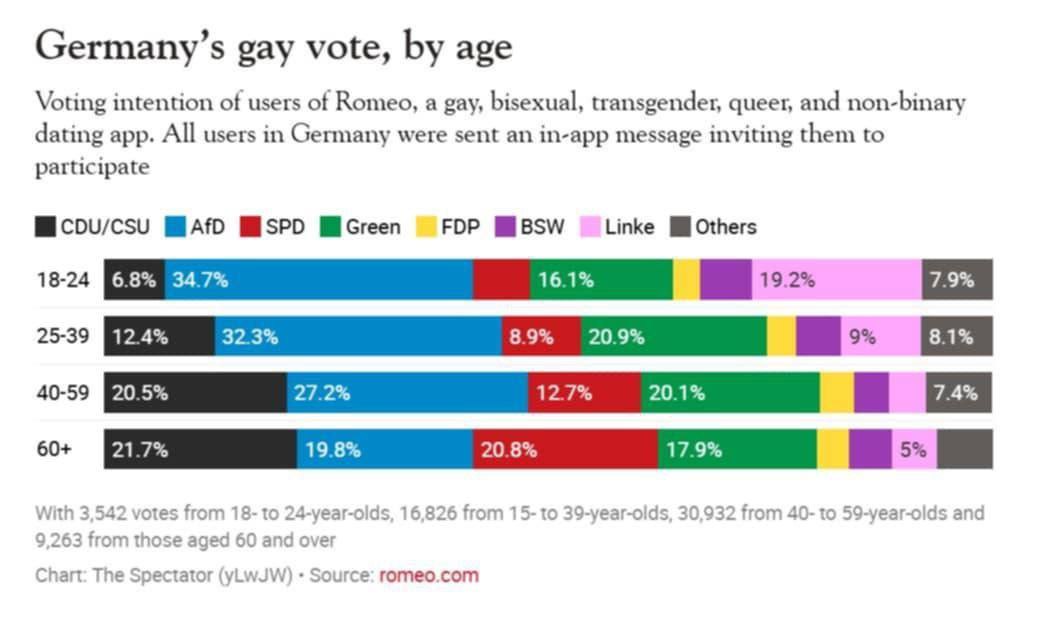 Germany’s gay vote, age Voting intention of users of Romeo, a gay, bisexual, transgender, queer, and non-binary dating app. All users in Germany were sent an in-app message inviting them to participat