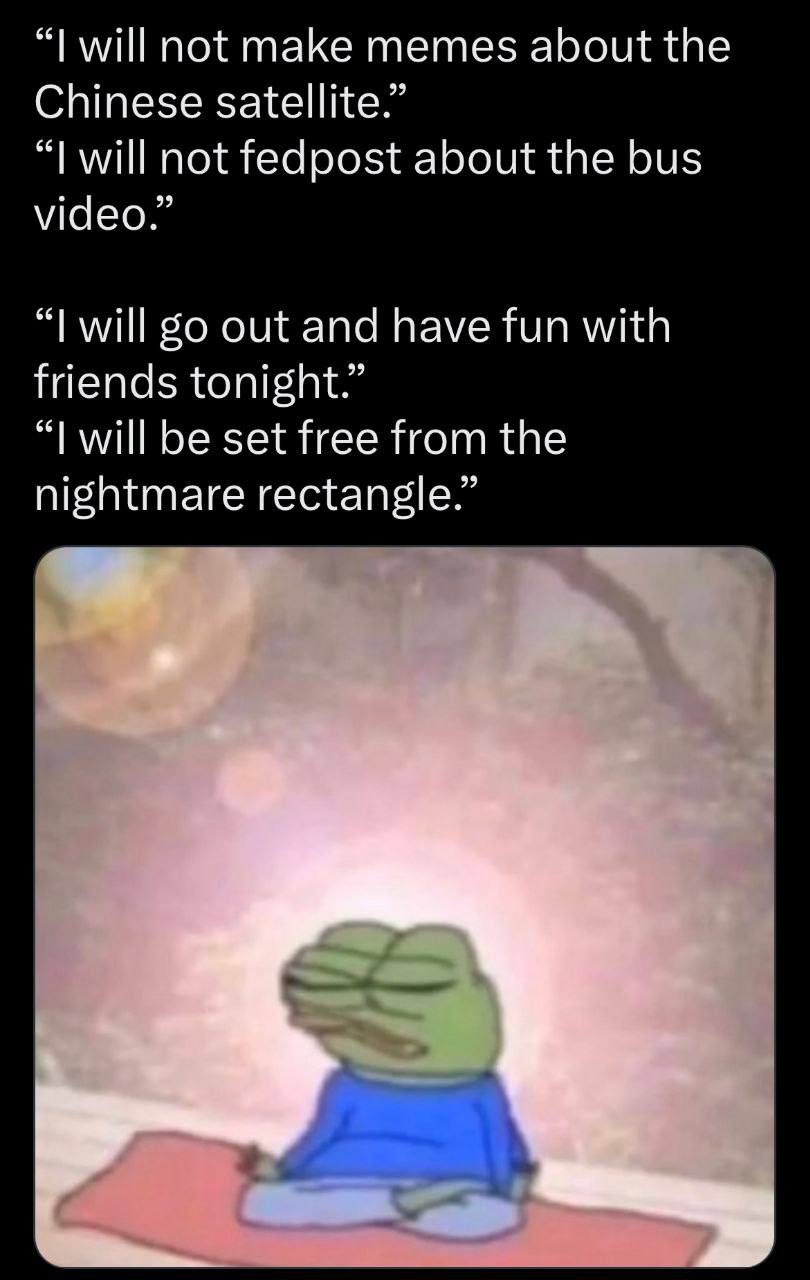 will not make memes about the Chinese satellite.” will not fedpost about the bus video.” will 50 out and have fun with friends tonight.” will be set free from the nightmare rectangle.”