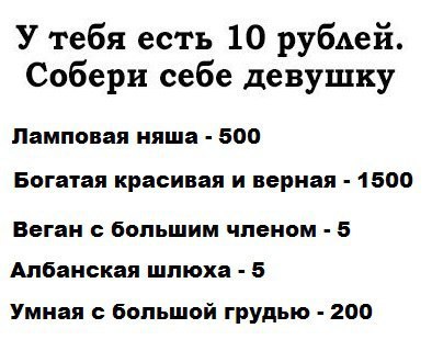 У тебя есть 10 рублей. Собери себе девушку Ламповая няша 500 Богатая красивая и верная 1500 Веган с большим членом 5 Албанская шлюха 5 Умная с большой грудью 200