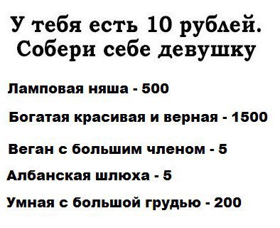 У тебя есть 10 рублей. Собери себе девушку Ламповая няша 500 Богатая красивая и верная 1500 Веган с большим членом 5 Албанская шлюха 5 Умная с большой грудью 200