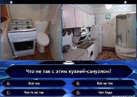 Mere Что не так с этим кухней-санузлом? А: Всё так Всё не так Что-то не так Нет биде на