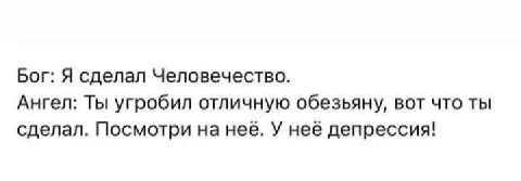 Бог: Я сделал Человечество. Ангел: Ты угробил отличную обезьяну, вот что ты сделал. Посмотри на нее. У нее депрессия!