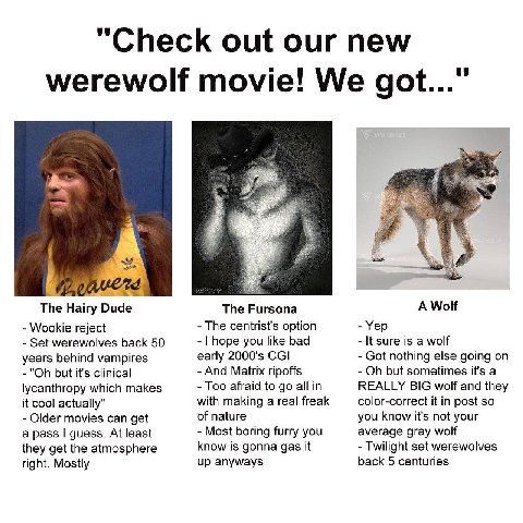 "Check out our new werewolf movie! We got..." The Hairy Dude The Fursona A Wolf Wookie reject The centrist's option Yep Set werewolves back 50 hope you like bad It sure is a wolf early CGI Got nothing