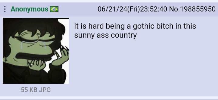 Anonymous 06/21/24(Fri)23:52:40 No.198855950 К is hard being a gothic bitch this sunny ass country 55 JPG