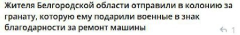 Жителя Белгородской области отправили в колонию за гранату, которую ему подарили военные в знак благодарности за ремонт машины