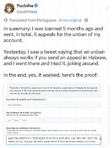 Yuzinha 8 @yuzinhaaa Translated from Portuguese Show In summary: was banned 5 months ago and sent, in total, 5 appeals for the unban of my account. Yesterday, saw a tweet saying that an unban always w