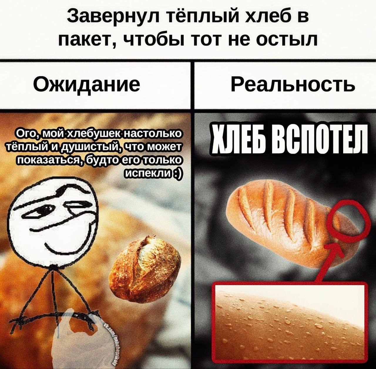 Завернул тёплый хлеб в пакет, чтобы тот не остыл Реальность Ожидание МОЙ настолько теплый что, может, ВСПОТЕЙ показаться,