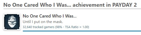 No One Cared Who Was... achievement PAYDAY 2 No One Cared Who Was... Until put on the mask. 32,640 tracked gamers (98% TSA Ratio 1.00)