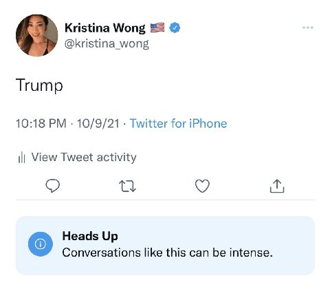 Kristina Wong 4} @kristina_wong Trump 10:18 10/9/21 Twitter for iPhone View Tweet activity о Heads Up Conversations like this can be intense.