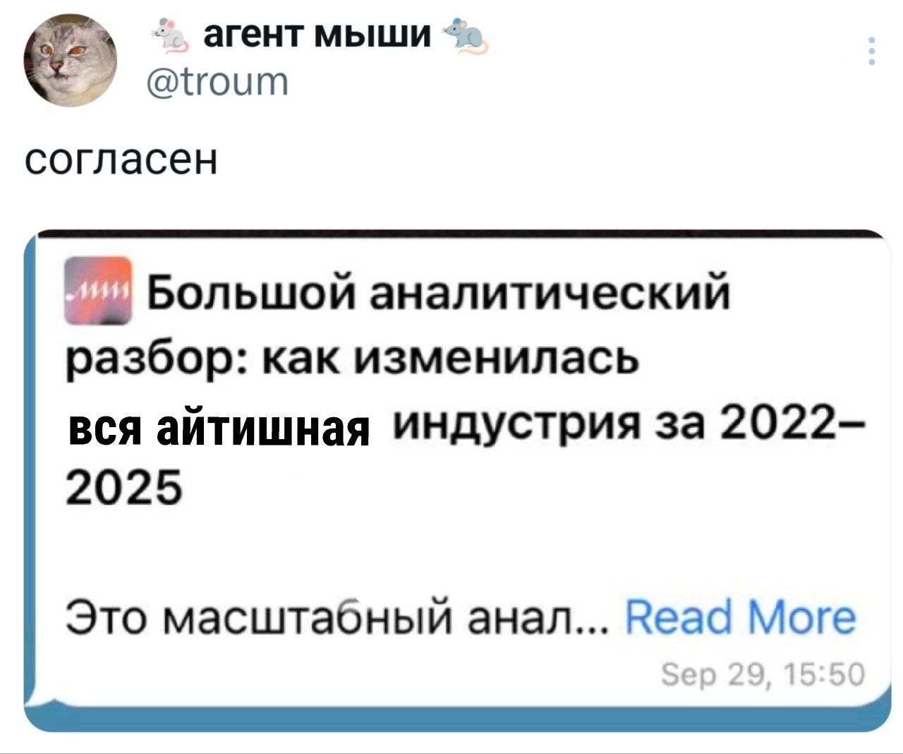 агент мыши @troum согласен Большой аналитический разбор: как изменилась вся айтишная индустрия за 2022- 2025 оге Это масштабный анал... 1 1