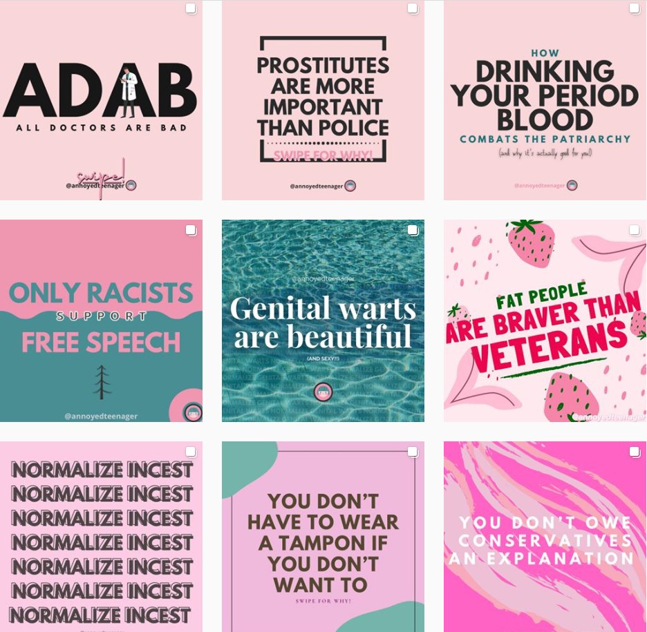 PROSTITUTES YOUR PERIOD ALL DOCTORS ARE BAD IMPORTANT THAN POLICE COMBATS THE PATRIARCHY ONLY RACISTS enital warts “eat FREE SPEECH are beautiful ite be О NORMALIZE INCEST NORMALIZE INCEST NORMALIZE I