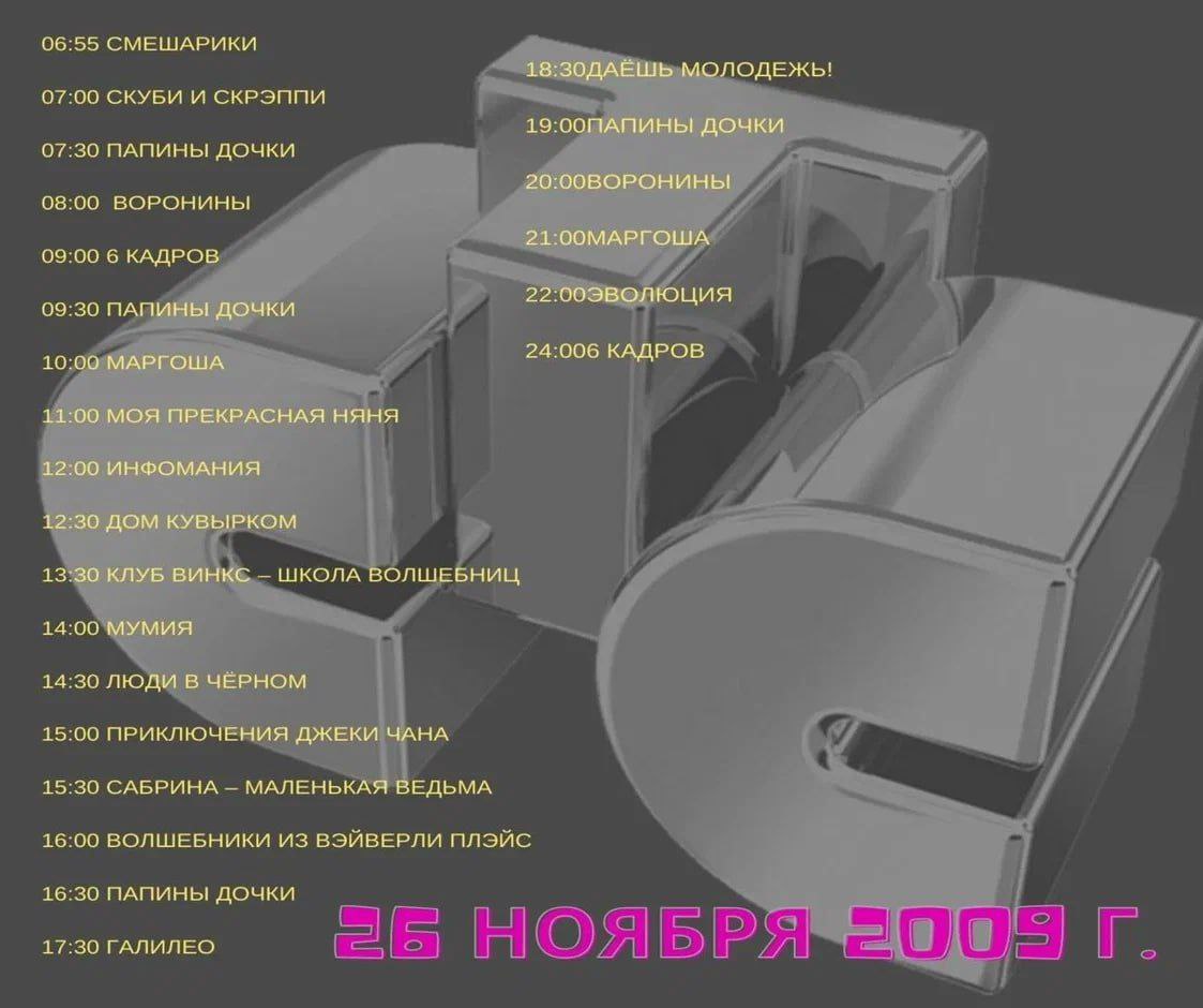 06:55 СМЕШАРИКИ 18:ЗОДАЁШЬ МОЛОДЕЖЬ! 07:00 СКУБИ И 19:00ПАПИНЫ ДОЧКИ 07:30 ПАПИНЫ ДОЧКИ 20:00BOPOHMHbI 0800 ВОРОНИНЫ 21:0ОМАРГОША 09:00 6 КАДРОВ 09:30 ПАПИНЫ ДОЧКИ 10:00 МАРГОША 24:006 КАДРОВ 11:00 МО