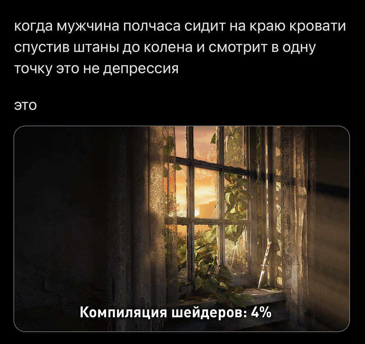 когда мужчина полчаса сидит на краю кровати спустив штаны до колена и смотрит в одну точку это не депрессия это Компиляция шейдеров: 4%