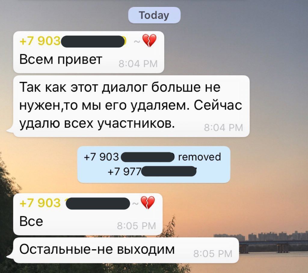 Всем привет Так как этот диалог больше не мы его удаляем. Сейчас удалю всех участников. +7 903 removed +7 97 a Все Остальные-не выходим